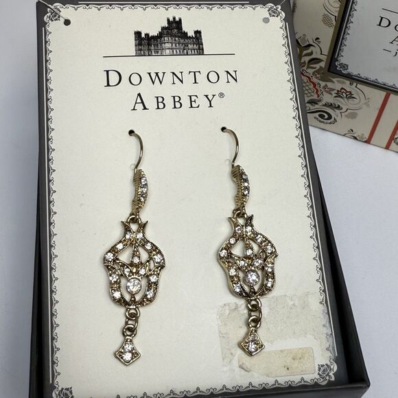 DOWNTON ABBEY Antique Gold Tone Rhinestone Dangle Earrings - Picture 2 of 6